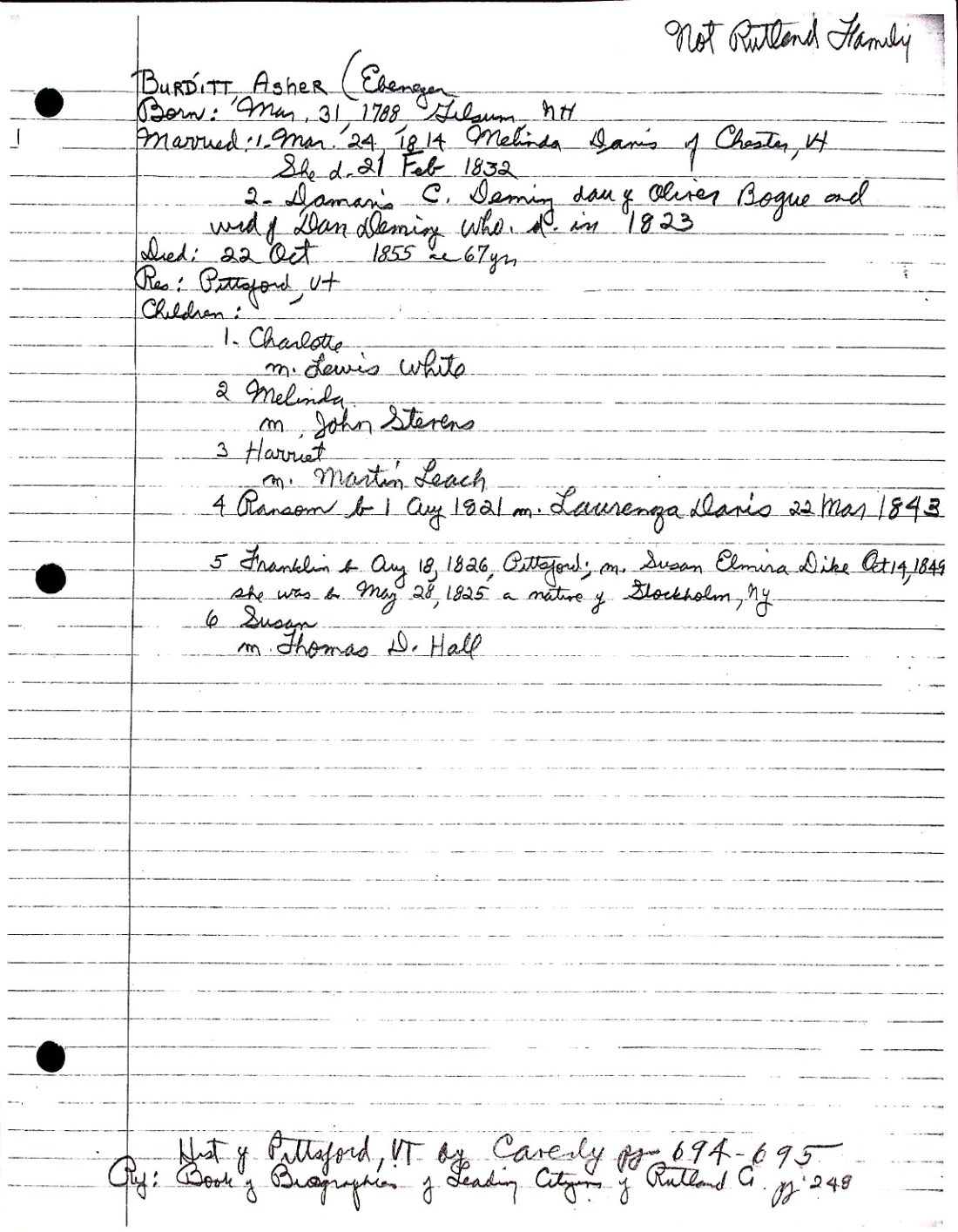 BURDITT, Asher (b. 1788 N.H. d. 1855 Pittsford) DAVIS DEMING WHITE STEVENS LEACH DIKE HALL